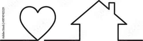 Simple line art heart icon and house silhouette representing home sweet home concept and residential property love and real estate agent services.