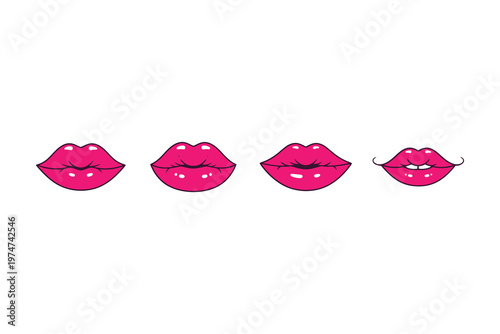 Four stylized pink lips with different expressions, isolated on white background, vector illustration for beauty and cosmetic themes