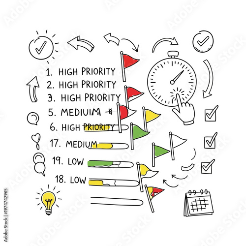 Time management and task prioritization doodle set with colorful flags stopwatch calendar lightbulb checkmarks and priority levels for productivity planning workflow.