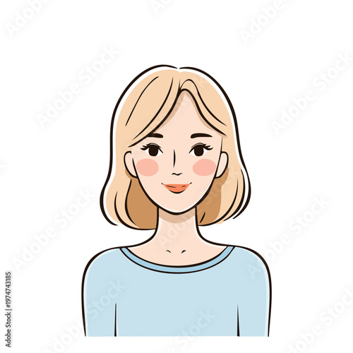 Young woman with blonde bob haircut smiling, cartoon style illustration, clean and friendly portrait