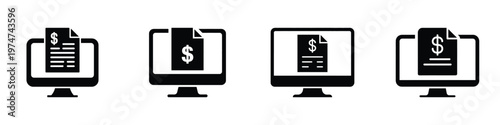 Set of Computer Monitor with Financial Document Icons – Online Payment, E-Invoice, Digital Finance, Accounting Report, Business Management, Money Transaction, Financial Statement Vector Illustration