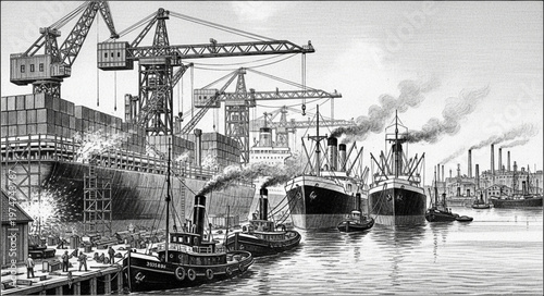 Industrial harbor with cargo ships and cranes.