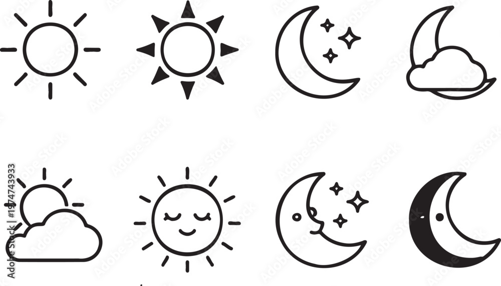 Fototapeta premium weather day night icon set silhouette pack, sun moon cloud forecast symbols collection, climate weather icons minimal black set