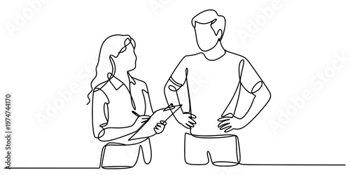 Continuous line drawing of a woman in business attire taking notes while talking to a young man