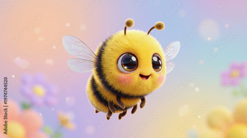 Fototapeta premium Adorable Bumble Bee Flying Amongst Vibrant Flowers Soft Lighting