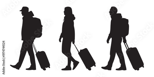 Traveler silhouettes walking with rolling luggage and backpacks