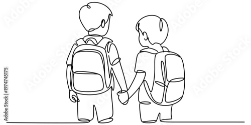 Continuous line drawing of two young school boys holding hands while wearing backpacks together