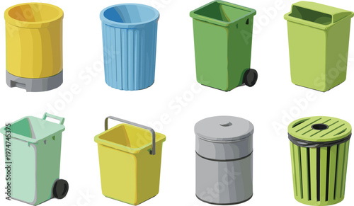 Collection of Various Trash Bins Garbage Containers and Recycling Waste Baskets in Different Shapes Styles and Colors for Environmental Sanitation Design Use