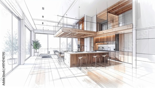 Technical architectural drawing of a modern kitchen and dining area uses clean lines and light wood textures to illustrate a home renovation