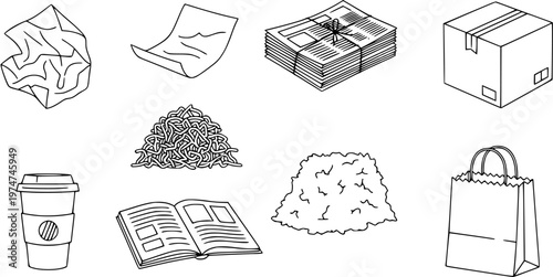 Recycled Paper Object Line Drawing Set