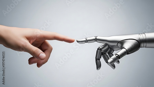 Human finger touching robotic hand on grey background