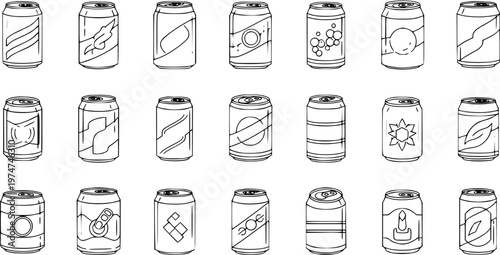 Food and Drink Industry Black and White Line Art Set: Hand-drawn Outline Illustrations of Various Beverage Cans for Soda, Juice, Beer, and Energy Drink Packaging Design.