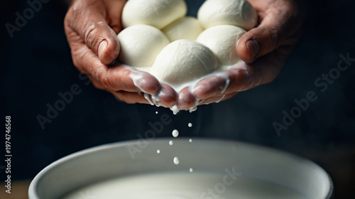 Hands holding fresh mozzarella balls, dripping milk while crafting traditional italian cheese, emphasizing artisanal production and dairy freshness, copy space