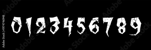Set of numbers from 0 to 9 in gothic horror style with cracked texture. Rough metal font for halloween, rock music, and edgy design