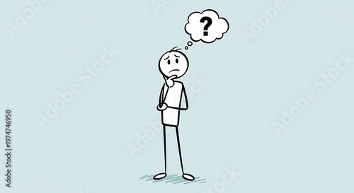 A cartoon man with a puzzled expression and a question mark in his thought bubble stands alone in a plain background.