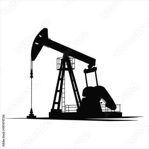 Black silhouette of an oil pump jack extracting crude petroleum from the ground