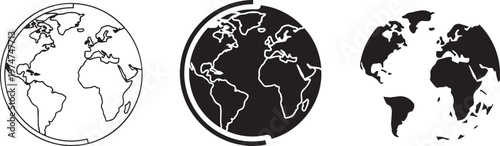Three black and white globe line solid fill, and halftone style earth