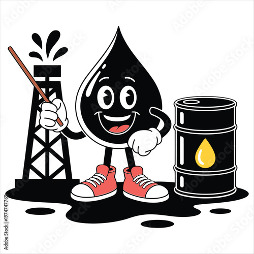 Cheerful cartoon oil drop character presenting an oil rig and a large black barrel