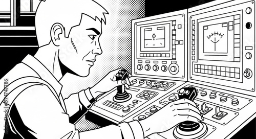 Man operating industrial control panel system.