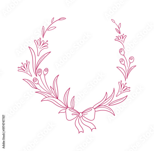 Wreath Floral Frame With Ribbon Line Art