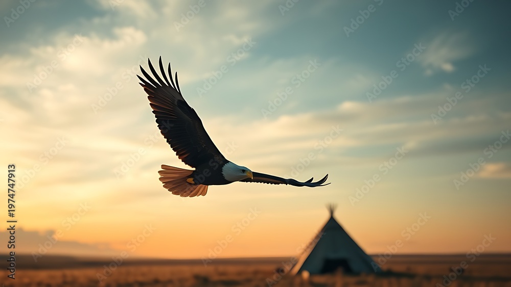 Naklejka premium mephistopheles. Bald eagle flying over prairie with tent in distance during golden hour. wildlife magazines, conservation campaigns, designed for wildlife conservation campaigns.