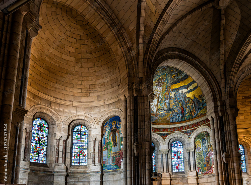 Ταπετσαρία Interior view of the Basilica of the Sacred Heart of Montmartre showing the central dome with mosaics, the nave and colored stained glass windows in warm light, in Paris, France