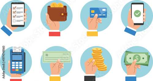 Digital Payment and Financial Transaction Icon Set Featuring Mobile Wallet Card Payment Cash Coins and Banking Operations for Fintech Business Illustration