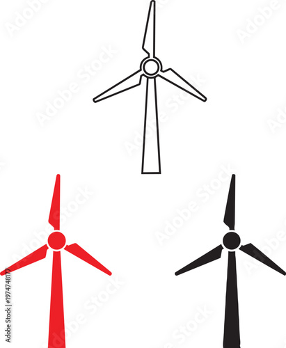 Three wind turbines, line red, black, and outlined on white background, renewable energy sustainable energy