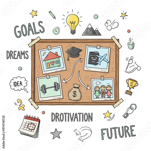 Inspirational collage board surrounded by motivational words including goals dreams idea and future with sketches of trophy lightbulb calendar and fitness equipment.