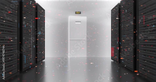 High performance computing with server racks and glowing AI processor unit. Technology Related 3D Animation.