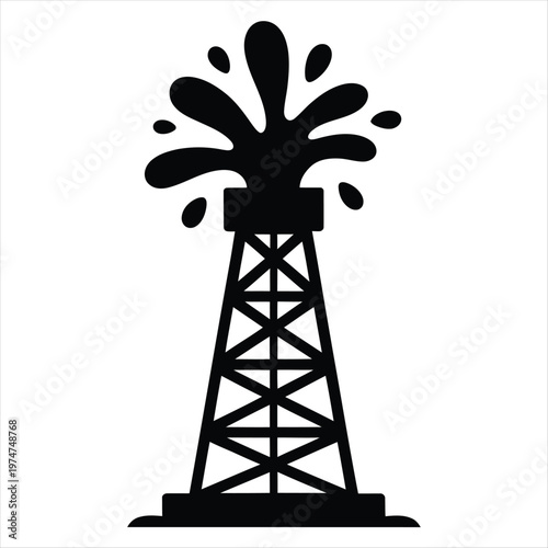 Dark silhouette illustration of an industrial oil derrick with crude oil gushing from the top
