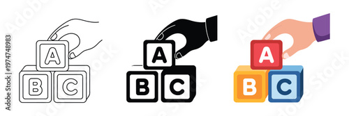 Hand holding alphabet ABC blocks icon silhouette in flat style, child education vector illustration, isolated on white background, representing learning, elementary school, early childhood education, 