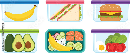 Food Storage Containers Collection with Fresh Fruits Sandwich Burger Salad Avocado and Healthy Meal Prep Boxes for Kitchen Organization and Nutrition Illustration