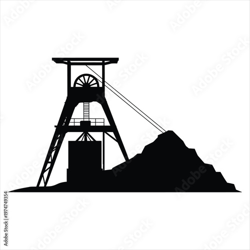 Industrial mining shaft tower silhouette with a large pile of raw material on a white background