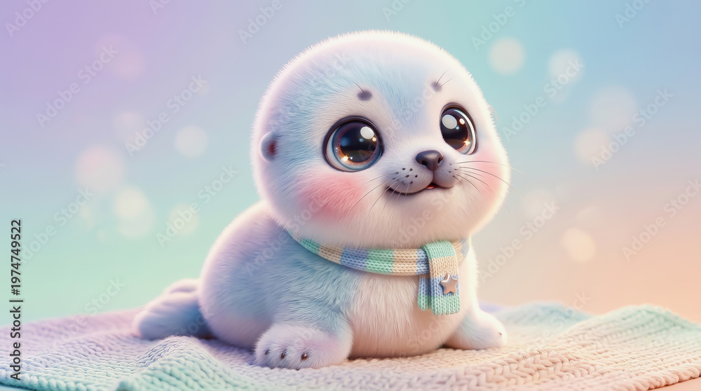 Fototapeta premium Adorable Seal Cub Resting on Soft Fabric, Warm Lighting