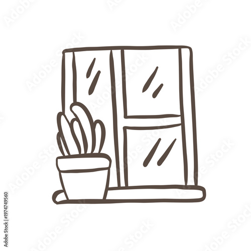 Hand-drawn minimalist doodle of a potted indoor plant sitting on a window sill. Simple black ink sketch representing home comfort, slow living, and cottagecore interior aesthetics.