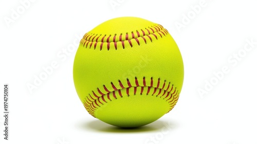 Bright yellow softball with red stitching against a plain background isolated on white background