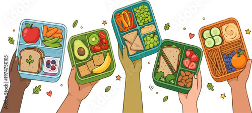 Diverse Hands Holding Colorful Healthy Lunch Boxes with Fresh Fruits and Vegetables — Nutrition and Meal Prep Illustration