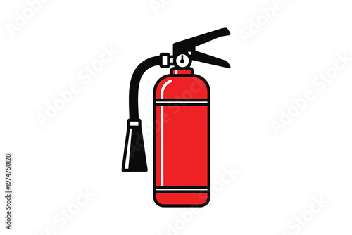 Bright red fire extinguisher with black hose and nozzle, standing upright against a white background, ready for emergency use in safety drills.