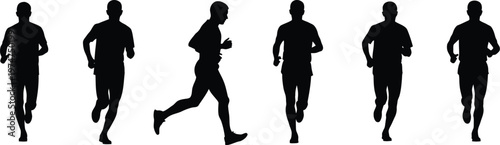 Collection of six runners in motion silhouettes, black vector icons of men and women running and jogging isolated on white.