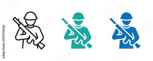 Soldier Military Icon Set Army Trooper with Rifle Outline and Colored Vector Illustration