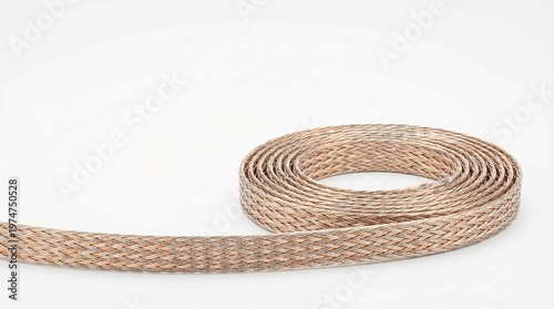 Golden metallic rope coiled on white background for luxury or industrial design
