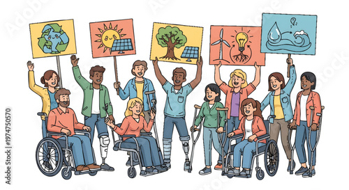 Diverse group of people holding eco-friendly protest signs together