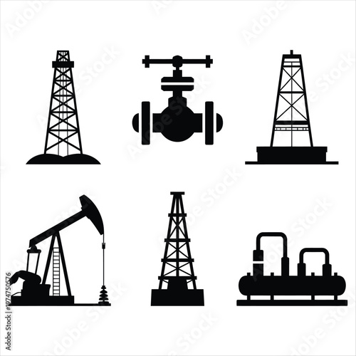 Various black silhouette icons representing the critical infrastructure of the oil and gas industry on white