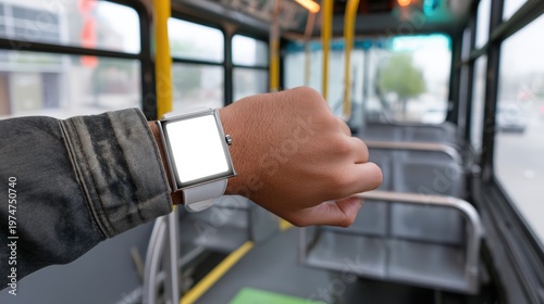 A person wearing a denim jacket checks a blank smartwatch screen inside a modern public bus, world heat crisis