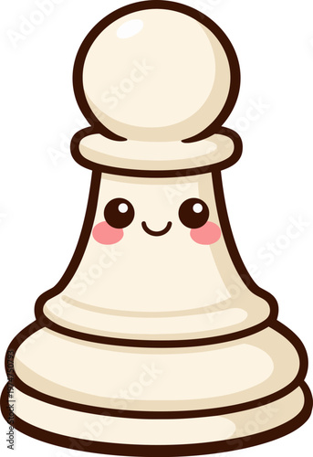Cute kawaii white chess pawn illustration with smiling face isolated on white background. Strategy, game and playful character concept. Flat vector style perfect for kids design, apps
