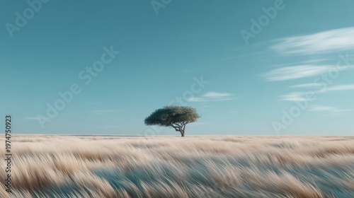 A lone tree stands in the middle of a vast grassy field under a clear blue sky with wispy clouds, world heat crisis