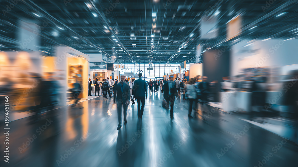 Fototapeta premium A bustling exhibition hall filled with people attending a trade show, showcasing various industries and ideas.