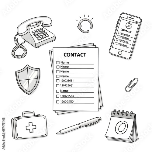 Emergency contact list and communication tools including landline phone, smartphone, paper list, shield, first aid kit, pen, and notebook.