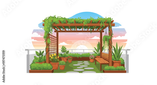 Serene rooftop garden with pergola and potted plants at sunset
